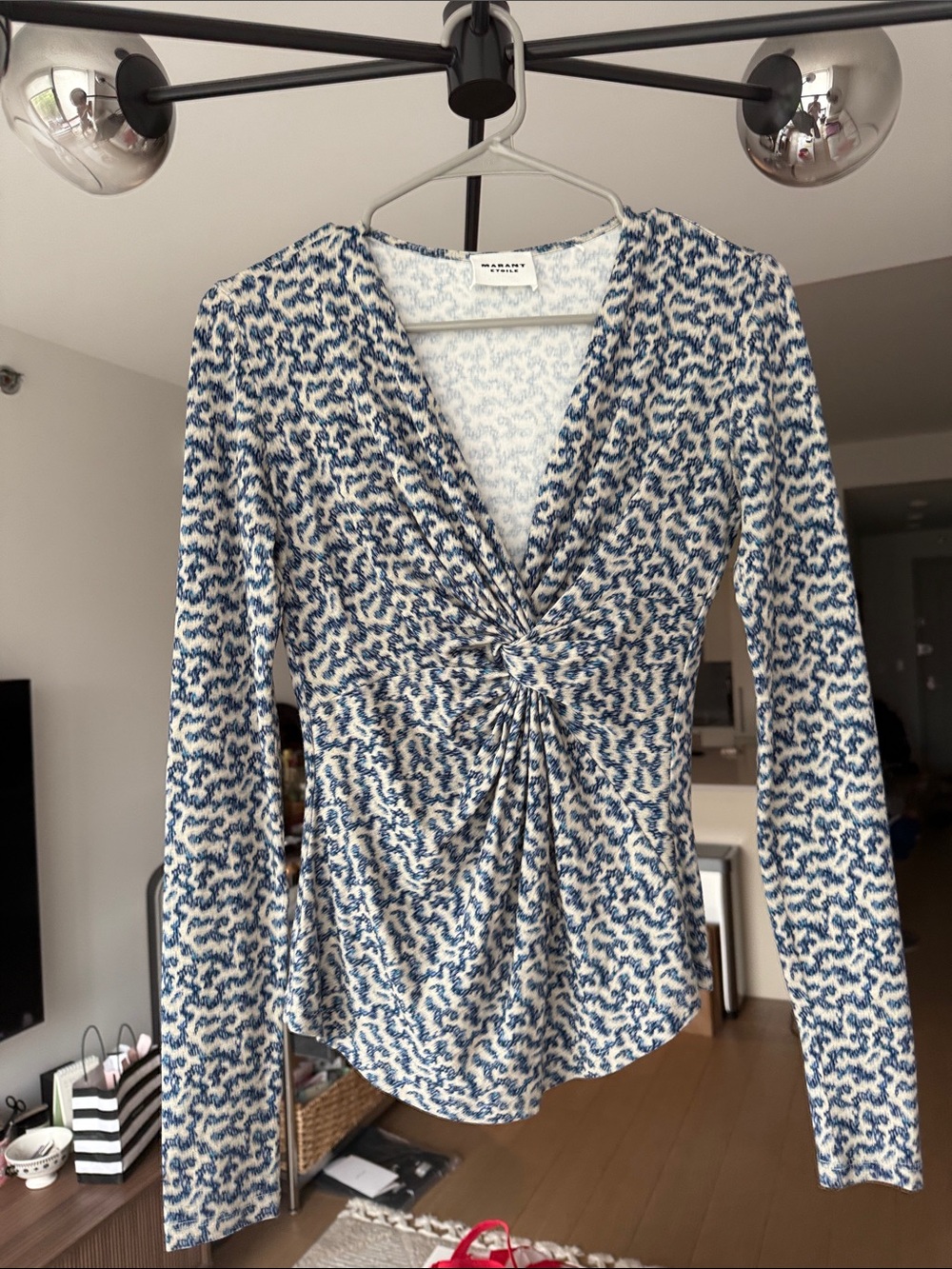 Isabel Marant EtoioeTwist-Front Long Sleeve V-Neck Top in Blue & White